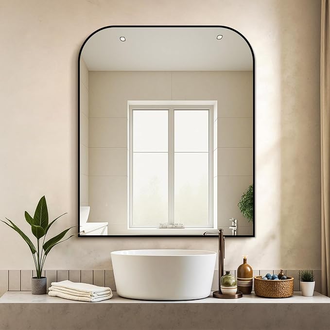 36"x30" Black Metal Framed Bathroom Mirror for Over Sink | Rounded rectangle shape. Shatterproof HD glass, all mounting hardware for bathroom, bedroom, entryway.