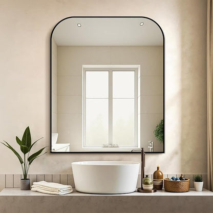 36"x30" Black Metal Framed Bathroom Mirror for Over Sink | Rounded rectangle shape. Shatterproof HD glass, all mounting hardware for bathroom, bedroom, entryway.