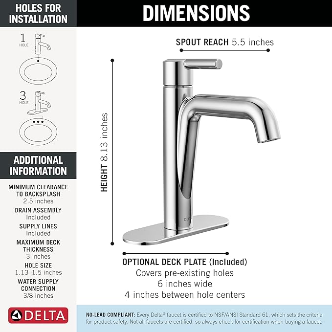 Delta Nicoli Chrome Bathroom Faucet 1 Hole, Single Hole Bathroom Sink Faucet for Vanity, Push-Pop Drain Assembly, Chrome 15849LF