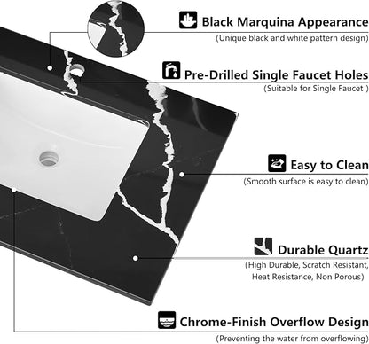 30 in. W x 22 in D Quartz Vanity Top in Black Marquina,with One Sidesplash & One Backsplash, Vanity Sink Top with Assembled Single Drop-in Sink, Pre-Drilled Single Faucet Hole Countertop