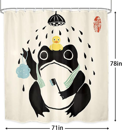LGhtyro Funny Frog Shower Curtain Bathroom Set 71Wx78H Inches Asian Style Traditional Japanese Art Rubber Duck Cute Animal Retro Bath Accessories Retro Black Beige Art Home Decor Fabric 12 Pack Hooks
