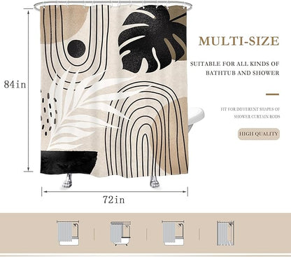 Glawry Boho Black Brown Beige Shower Curtain Extra Long Modern Mid Century Abstract Tropical Leaf Bathroom Minimalist Geometric Arch 72Wx84L Inches Bath Accessories Art Home Decor Fabric 12 Pack Hooks