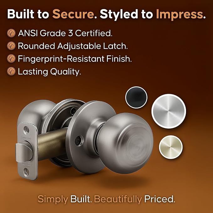Copper Creek Colonial Passage Interior Door Knob – ANSI Grade-3 Certified, Modern Heavy Duty Handle, Easy Install and Reversible for Bedroom, Bathroom and Closets – Satin Stainless (2 Pack)
