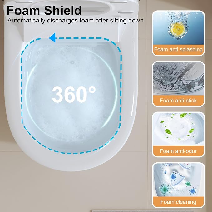 Luxury Smart Bidet Toilet with Tank, Foam Shield, Dual Auto Flush/Lid&Seat, Foot Sensor, LED Display, Electric Modern One Piece Toilets for Bathroom with Siphon Dual Flush 0.8/1.2 GPF