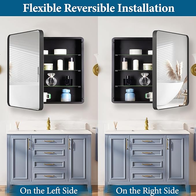 28’’x28’’ Medicine Cabinet,Metal Framed Medicine Cabinet Mirror with Round Corner,Recessed and Surface Mount Bathroom Mirror with Storage, Removeable Shelves,Dark Gray Frame