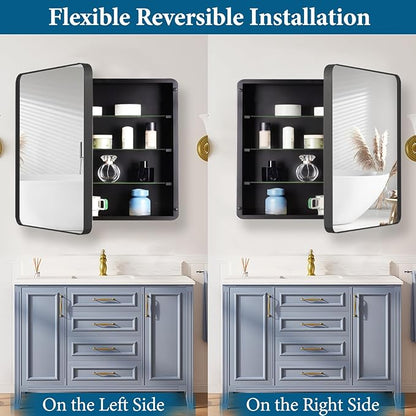 28’’x28’’ Medicine Cabinet,Metal Framed Medicine Cabinet Mirror with Round Corner,Recessed and Surface Mount Bathroom Mirror with Storage, Removeable Shelves,Dark Gray Frame