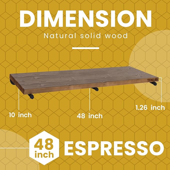 TEN49 Real Wood Rustic Floating Shelves Wall - 48 Wide Small Wooden Industrial Pipe Shelving - Farmhouse Pipe Wall Shelves Furniture Bathroom Decor Art Shelf Kitchen - Dark Espresso Color - Set of 2
