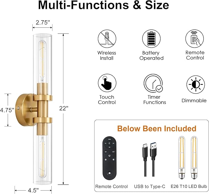Gold Battery Operated Wall Sconce Set of 2, 12000mAh Rechargeable Wall Lights with Remote Control, Wireless Dimmable Wall Lamps for Bedroom Living Room Bathroom Hallway Stairwell