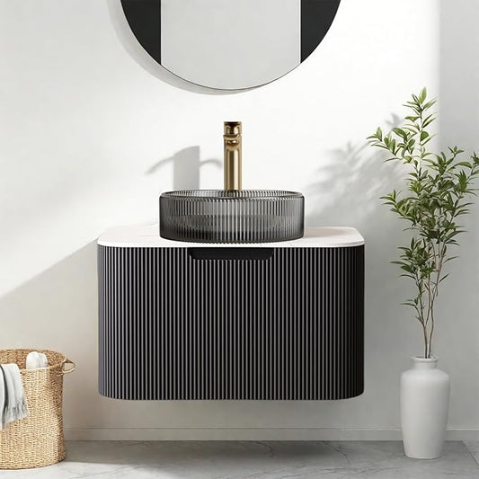 24 Inch Floating Bathroom Vanity with Sink, Modern Bathroom Cabinet with Transparent Black Glass Basin and Ultra-Thin Marble Top, Extra Large Storage Drawer, Soft-Close Design, Gloss Black