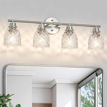 4-Light Vanity Light Over Mirror, Brushed Nickel Bathroom Light Fixtures | Modern Farmhouse Wall Sconces with Hammered Glass Lampshade for Kitchen Hallway Bedroom Living Room Cabinet Porch-27.5IN