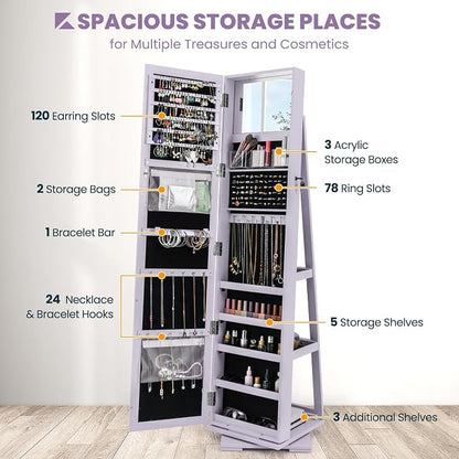 CHARMAID 360° Swivel Jewelry Armoire with Full Length Mirror, Standing Lockable Jewelry Cabinet Organizer, Large Storage Capacity, Inside Makeup Mirror, Back Storage Shelves (Lavender)