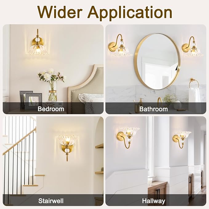 Brushed Gold Bathroom Vanity Light Single-Head Wall Sconce with Floral Crystal Glass Shade Vintage Bathroom Light Fixtures for Bedroom,Hallway & Bedside(Exclude E26 Bulb)