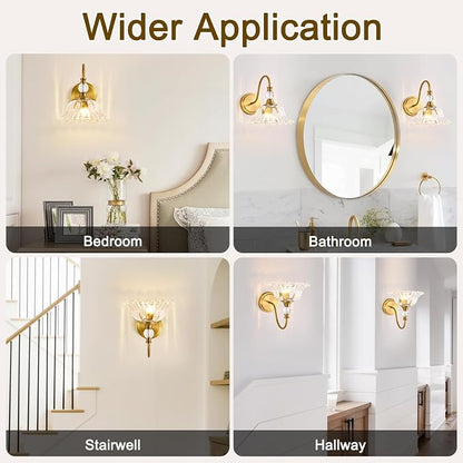 Brushed Gold Bathroom Vanity Light Single-Head Wall Sconce with Floral Crystal Glass Shade Vintage Bathroom Light Fixtures for Bedroom,Hallway & Bedside(Exclude E26 Bulb)