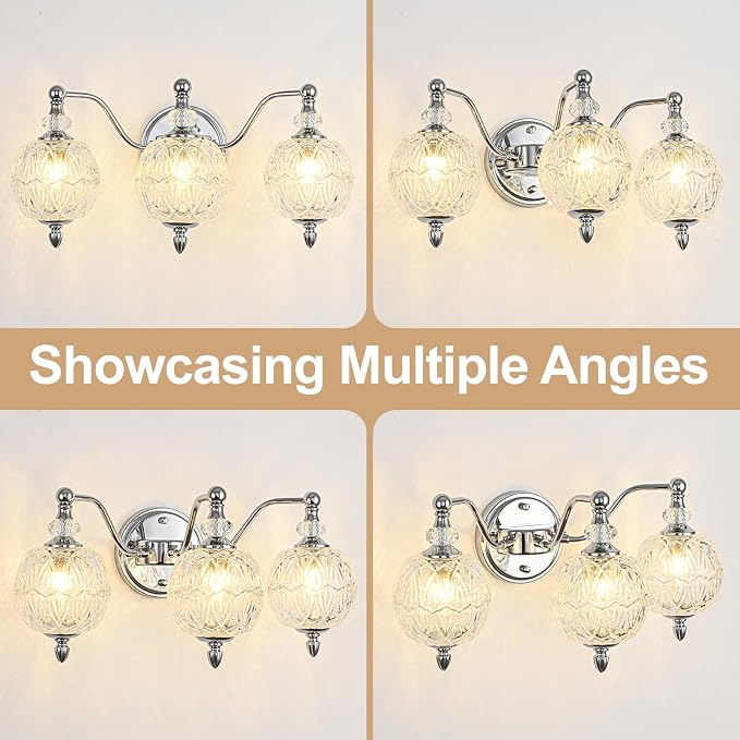 Brushed Chrome Bathroom Vanity Light, 3-Light Mid Century Modern Brushed Chrome Finish Wall Sconce with Globe Glass Shades, Modern Mirror Light for Bathroom, Powder Room