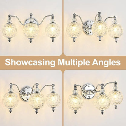 Brushed Chrome Bathroom Vanity Light, 3-Light Mid Century Modern Brushed Chrome Finish Wall Sconce with Globe Glass Shades, Modern Mirror Light for Bathroom, Powder Room