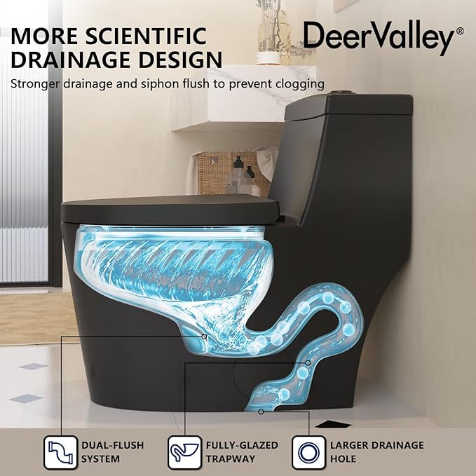 DeerValley One Piece Toilet Elongated 1.1/1.6 GPF Dual Flushing Toilets with 17" ADA Comfortable Chair Seat 12" Rough-In High-Efficiency Black Toilet DV-1F52636B