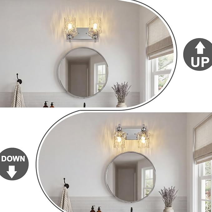 Bathroom Light Fixtures Farmhouse Chrome Vanity Lights for Bathroom Lighting Fixtures Over Mirror with Hammered Glass Lampshade for Cabinet Mirror Bedroom Hallway 2 Light