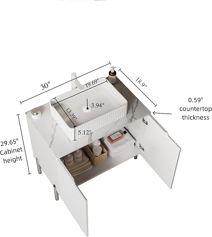 30" Bathroom Vanity with Sink, Small Bathroom Vanity with Durable Ceramic Basin and Sintered Stone Countertop and Soft Closing, Freestanding Bathroom Vanities, White