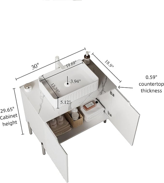 30" Bathroom Vanity with Sink, Small Bathroom Vanity with Durable Ceramic Basin and Sintered Stone Countertop and Soft Closing, Freestanding Bathroom Vanities, White