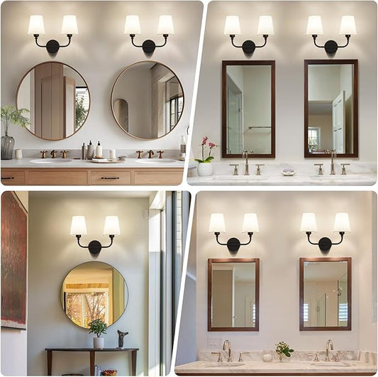 Bathroom Vanity Light, Matte Black Bathroom Light Fixtures, 2-Light Lighting Fixtures Over Mirror, Modern Wall Sconce with Flared White Fabric Shade, E26 Socket(ETL Listed)