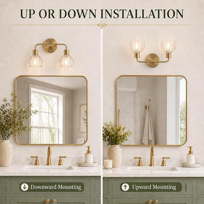2-Light Gold Brass Bathroom Light Fixture with Clear Tulip Glass Shade,Wall Sconces,Vintage Vanlity Light Over Mirror,Bathroom Wall Light,E26 Socket(Bulbs Not Included)
