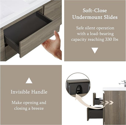 Floating Bathroom Vanity with Double Sinks, 60" Wall-Mounted Bathroom Storage Vanity Cabinet with Resin Top Basin and Soft Close Drawers, No Assembly Required, Ash Grey