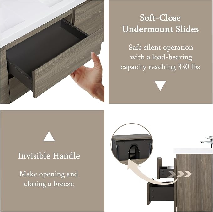 KEIKI 60'' Wall-Mounted Bathroom Vanity with Double Sinks - Floating Design, 2 Soft-Close Drawers & Doors & Resin Basin, Space-Saving for Small Bathrooms, Ash Grey