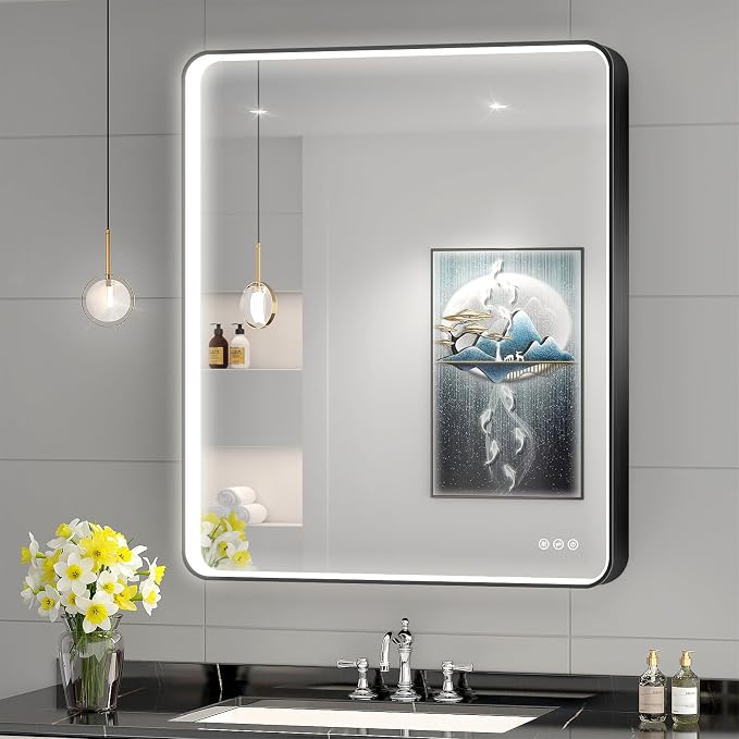 LED Mirror for Bathroom 30X36 Inch Black Framed with Anti-Fog, Stepless Dimmable, Front Lit, LED Bathroom Vanity Mirror for Wall, Memory Function, Shatter-Proof