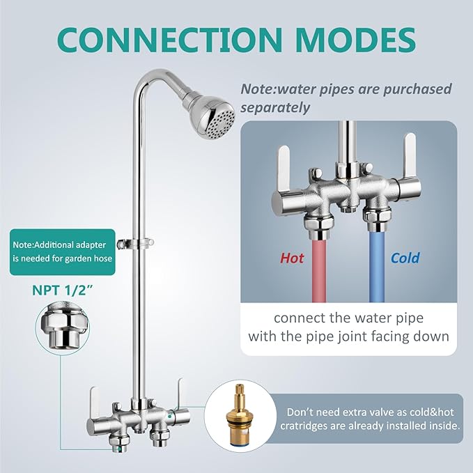 Aolemi Outdoor Shower Fixtures, 31" Exposed Shower System with Shower Head, 2-Handle Outdoor Shower Kit, 3 Inch Center Brass Mixing Valve, Polish Chrome