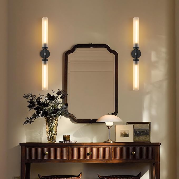 30" 2 Lights Hardwired Frosted Glass 2 PC Bathroom Wall Sconces, Handmade Knurled Black Wall Light Fixture,Modern Vanity Light for Living Room,Hallway, Bedroom, Indoor Sconces