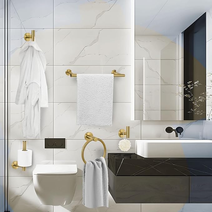 5 Piece Modern Style Wall Mounted Bathroom Hardware Set | #304 Stainless Steel, 24" Towel Bar Mount, Towel Rings, L Shape Toilet Paper Holder, Bathrobe Hook (Brushed Gold)