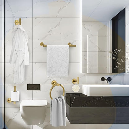 5 Piece Modern Style Wall Mounted Bathroom Hardware Set | #304 Stainless Steel, 24" Towel Bar Mount, Towel Rings, L Shape Toilet Paper Holder, Bathrobe Hook (Brushed Gold)