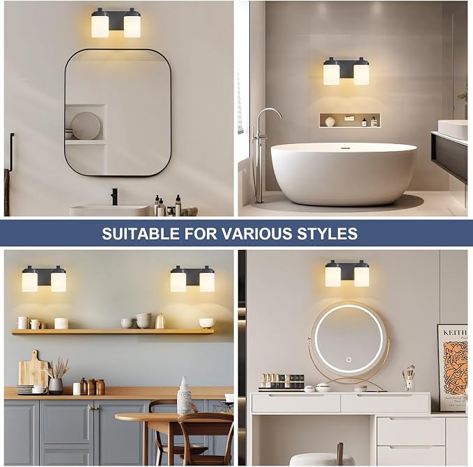 Vanity Lights, Small Bathroom Lamp Lighting Fixtures Over Mirror | 2-light black vanity lights for bathroom with milky white square glass shade, 10" modern farmhouse bathroom light fixtures