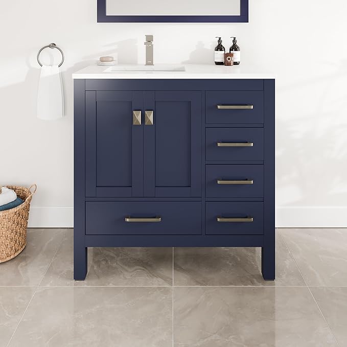 Eviva London 36 in. Blue Single Sink Bath Vanity with Carrara Quartz Top and Undermount Porcelain Sink