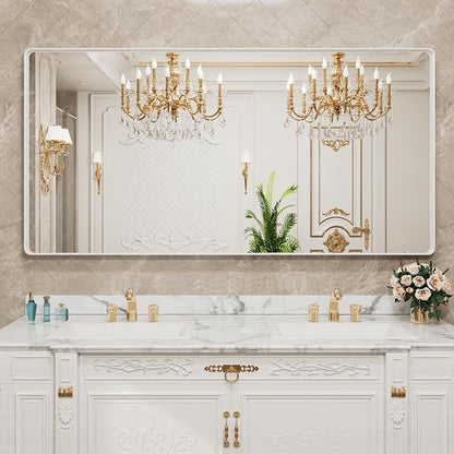 LOAAO 72x40 Inch White Metal Framed Bathroom Mirror for Wall | Rounded Rectangle Mirror, Anti-Rust, Tempered Glass, Hangs Horizontally or Vertically