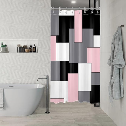 HVEST Modern Pink Shower Curtain with Hooks, Grey Black and White Abstract Geometric Shower Curtain for Bathroom, Mid Century Minimalist Shower Curtain Set Bathroom Decor Curtains, 48x72 inch