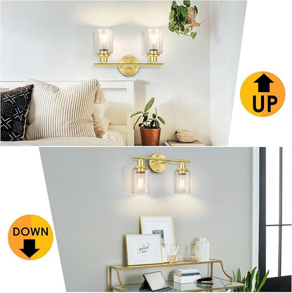 Bathroom Light Fixtures, 2 Light Vanity Light, Gold Wall Sconces Lighting | Modern Bath Wall Mounted Lights with Glass Shade, Porch Wall Lamp for Mirror, Living Room, Bedroom, Brushed Brass