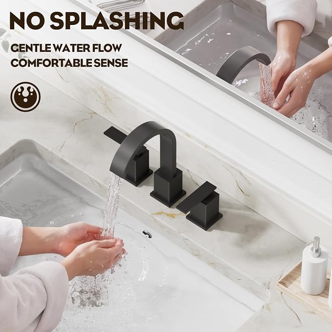 8 Inch Widespread Waterfall Matte Black Bathroom Faucet,3 Hole Vanity Faucet with Pop Up Drain and Water Supply Line, WF011-MB