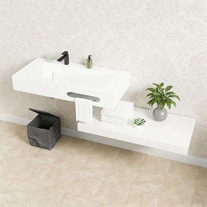 Wall-Mounted Resin Stone 32" Bathroom Sink, Seamless Integrated Vessel Sink with Sloped Design & Open Storage Shelf, Modern Floating Vanity for Bathrooms & Outdoor Spaces