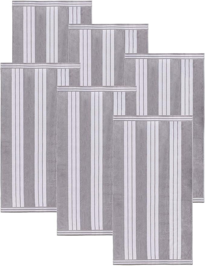 Superior Oversized Cotton Beach Towel Set of 6, Absorbent Towels for Bathroom, Beach, Pool, Swim, Adults, Kids, Vacation, Travel, Bath, Quick Dry Basics, Trip Essentials, Striped Decor, Light Grey