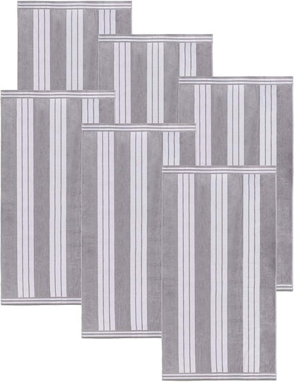 Superior Oversized Cotton Beach Towel Set of 6, Absorbent Towels for Bathroom, Beach, Pool, Swim, Adults, Kids, Vacation, Travel, Bath, Quick Dry Basics, Trip Essentials, Striped Decor, Light Grey