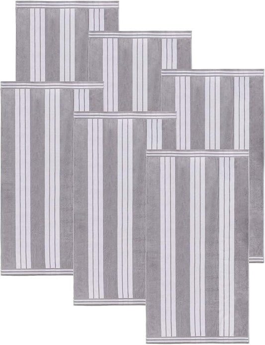 Superior Oversized Cotton Beach Towel Set of 6, Absorbent Towels for Bathroom, Beach, Pool, Swim, Adults, Kids, Vacation, Travel, Bath, Quick Dry Basics, Trip Essentials, Striped Decor, Light Grey