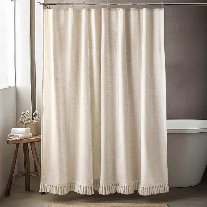 Linen Shower Curtain Boho Beige Shower Curtain with Tassels 72"W x 78"L | Thick linen-poly blend, soft textured drape, handcrafted fringe, neutral rustic farmhouse bathroom decor