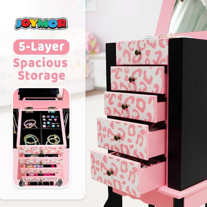 JOYMOR Kids Jewelry Armoire Cabinet with Top Flip Mirror and Storage Organizer, Standing Jewelry Cabinet with 5 Drawers, Freestanding Jewelry Storage for Girls