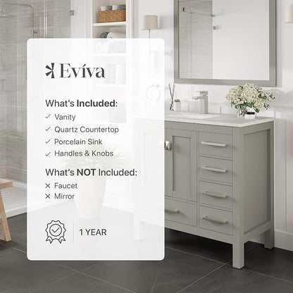 Eviva London 38 Inch Bathroom Vanity in Grey with Quartz Countertop and Porcelain Sink - 38" Single Sink Bathroom Vanity - 38 in Bathroom Vanities & Modern Bathroom Sink Cabinet for Storage and Style