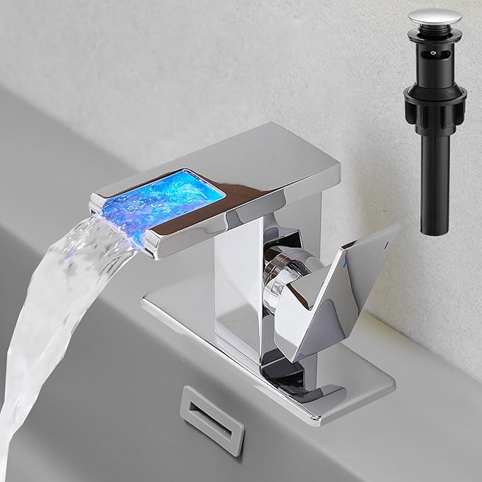 Hoimpro LED Waterfall Bathroom Faucet Polished Chrome, Single Handle Bathroom Sink Faucet 1 Hole, 3 Colors Light Changing, with Pop-up Drain and cUPC Supply Lines, Stainless Steel