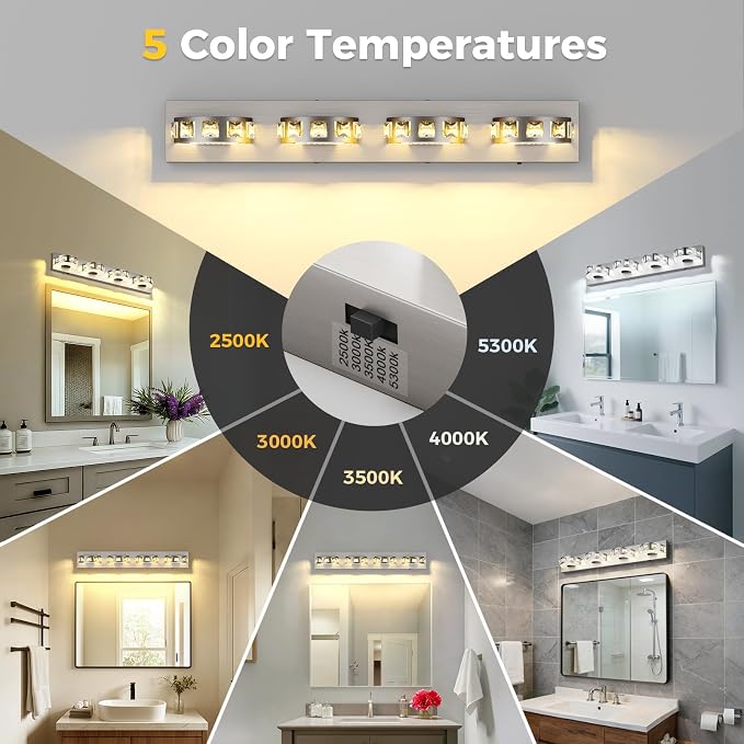 Modern Bathroom Vanity Lights 29.1 inch 32W 5 Color Temperature Brushed Nickel (4-Light,Dimmable) Crystal Bathroom Light Fixtures for Bathroom Mirror Restroom-ETL Certificated