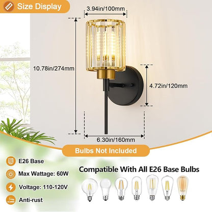 Bathroom Wall Sconces Set of 2, Black & Gold Wall Lights with Clear K9 Crystal Shades, Bathroom Light Fixtures for Bedroom, Living Room, Hallway