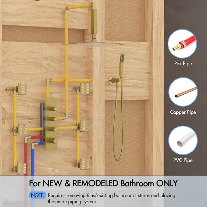 Shower Faucet Set Brushed Gold,Thermostatic Shower System with Body Jets,16 inch Ceiling Rainfall Faucet Set with with 6 PCS Dual Modes Body Jets(3 Inch) Can All Run Together