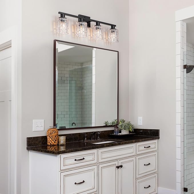 4 Light Matte Black Bathroom Vanity Light Over Mirror, Modern Vanity Lighting with Crystal Glass Shade, Wall Mount Bathroom Light Fixtures, E26 Base
